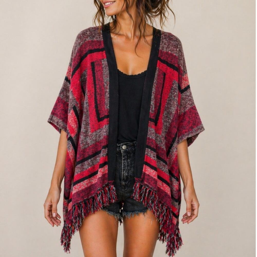 Lucky Brand Kimono Shrug XS/Small Funky Fringed Fleece Multicolor Red Beachy